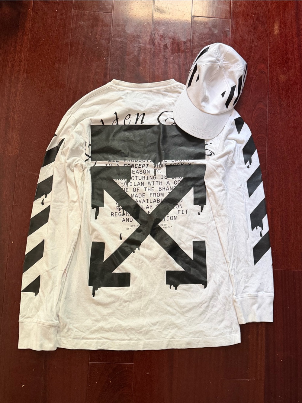 Off-White White Long Sleeve Tee with Black Diagonal Stripe Sleeves HAT INCLUDED